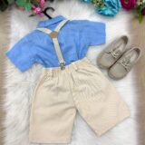 Conjunto Infantil Miss Cherry Henry Azul Suspensório Bege