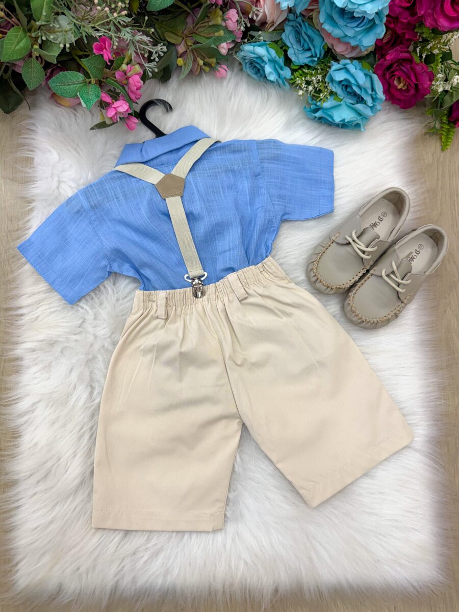 Conjunto Infantil Miss Cherry Henry Azul Suspensório Bege