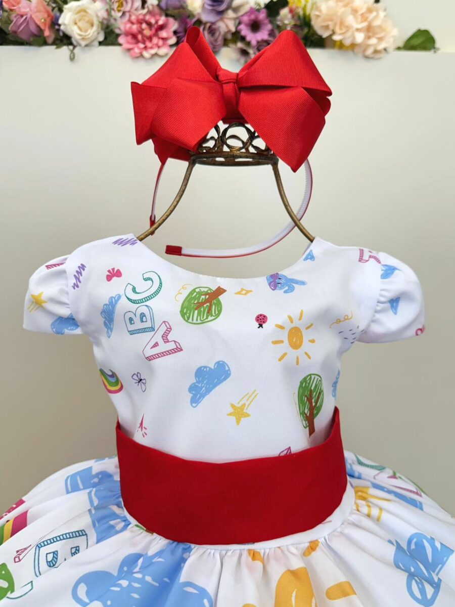 Vestido Infantil Branco Aquarela Colorido Festa