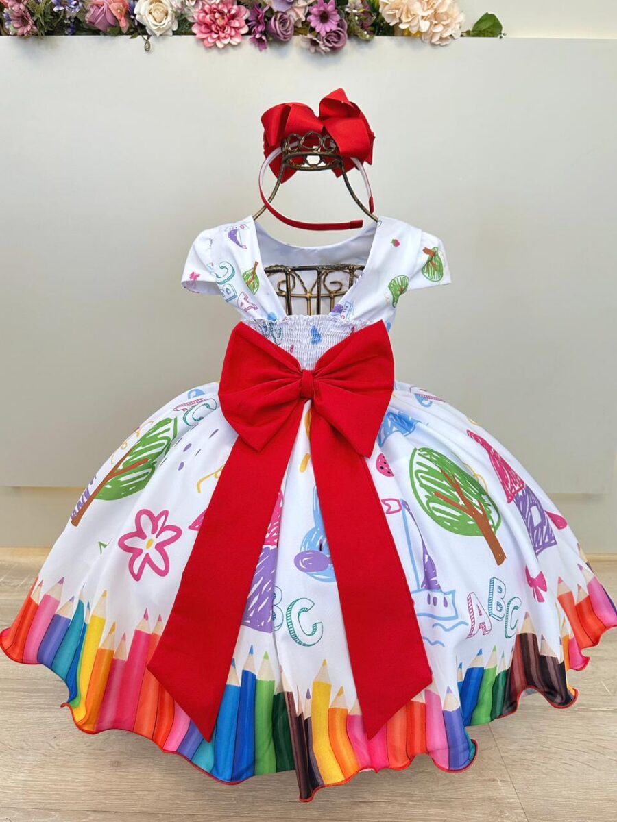 Vestido Infantil Branco Aquarela Colorido Festa