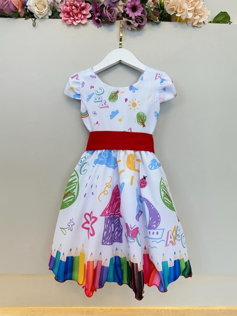Vestido Infantil Branco Aquarela Colorido Festa