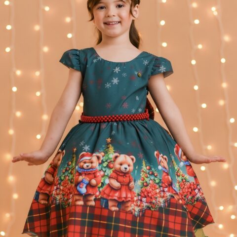 Vestido Infantil de Natal Ursinhos Verde Bandeira