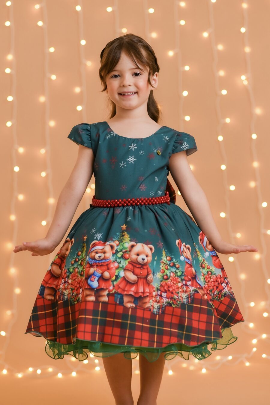 Vestido Infantil de Natal Ursinhos Verde Bandeira