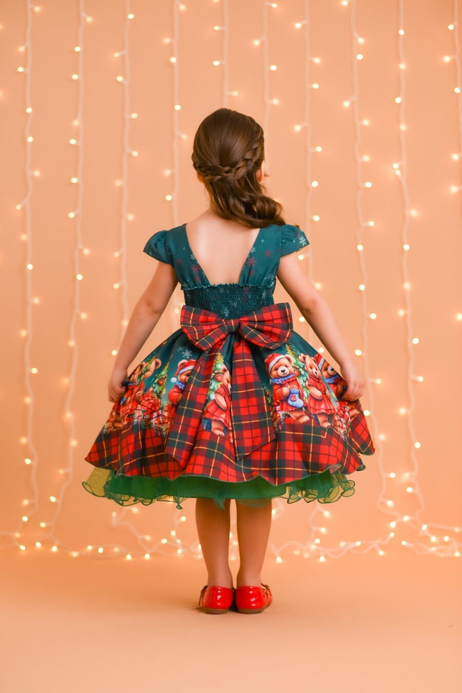 Vestido Infantil de Natal Ursinhos Verde Bandeira