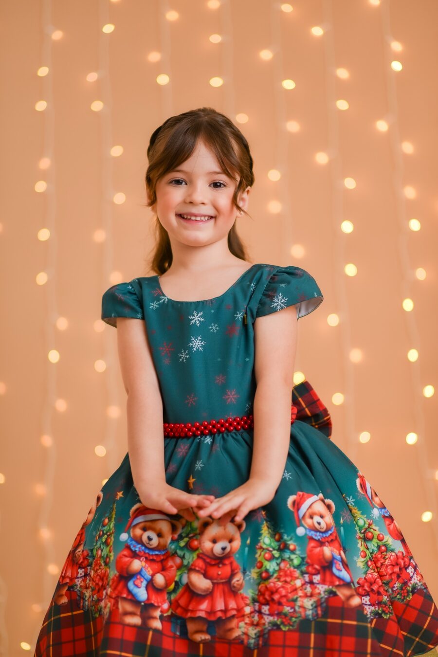 Vestido Infantil de Natal Ursinhos Verde Bandeira