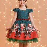 Vestido Infantil Verde Bandeira Ursinhos Festa de Natal