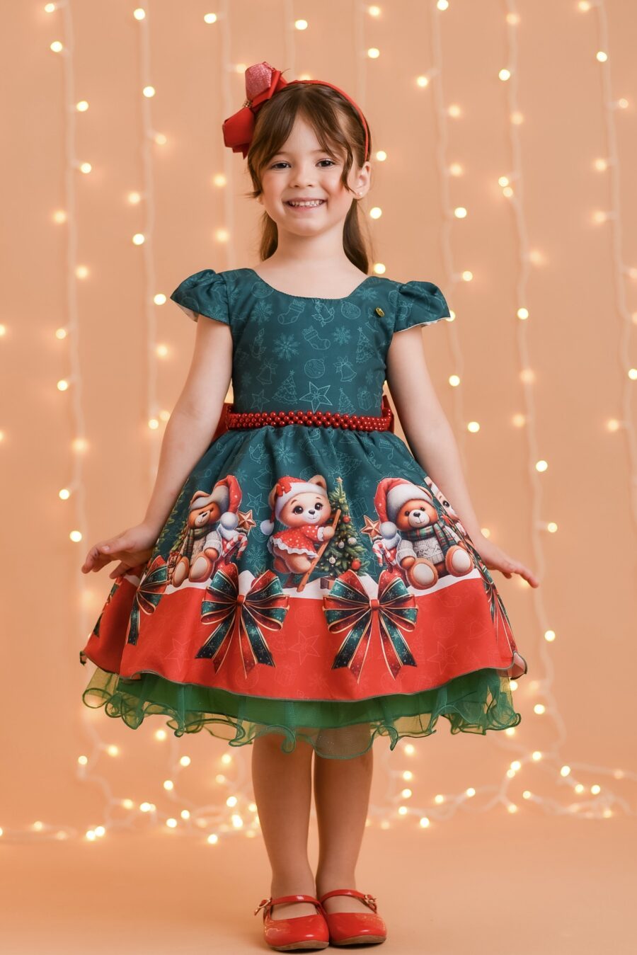 Vestido Infantil Verde Bandeira Ursinhos Festa de Natal