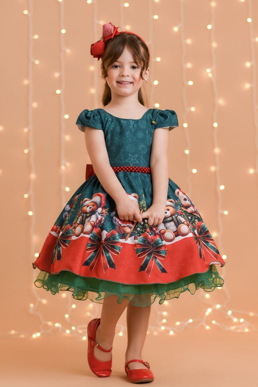Vestido Infantil Verde Bandeira Ursinhos Festa de Natal