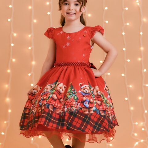 Vestido Infantil Vermelho Ursinhos Festa de Natal