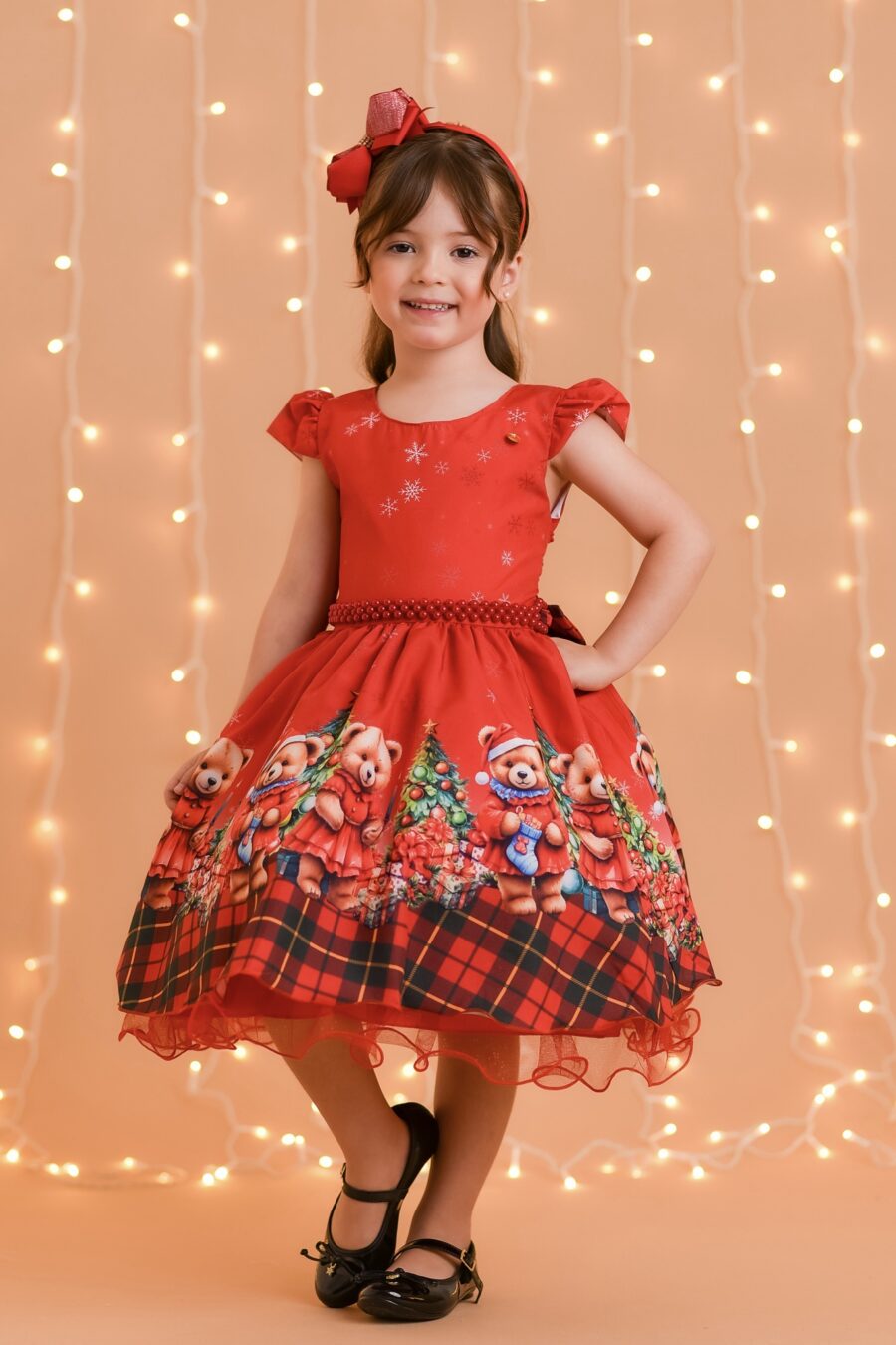 Vestido Infantil Vermelho Ursinhos Festa de Natal