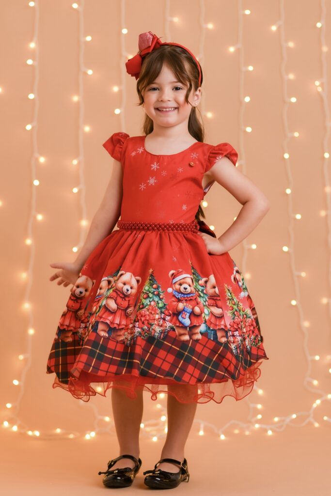 Vestido Infantil Vermelho Ursinhos Festa de Natal