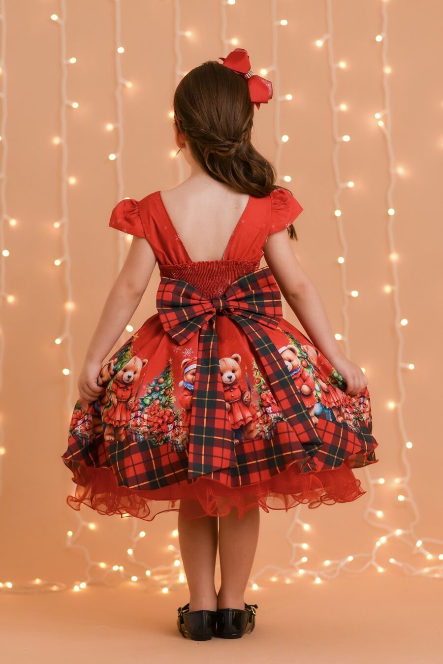 Vestido Infantil Vermelho Ursinhos Festa de Natal