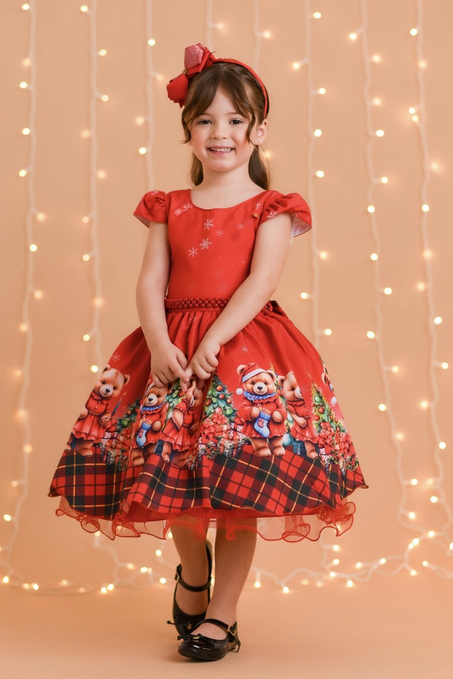 Vestido Infantil Vermelho Ursinhos Festa de Natal