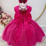 Vestido Infantil Pink com Pérolas e Saia Glitter Daminha