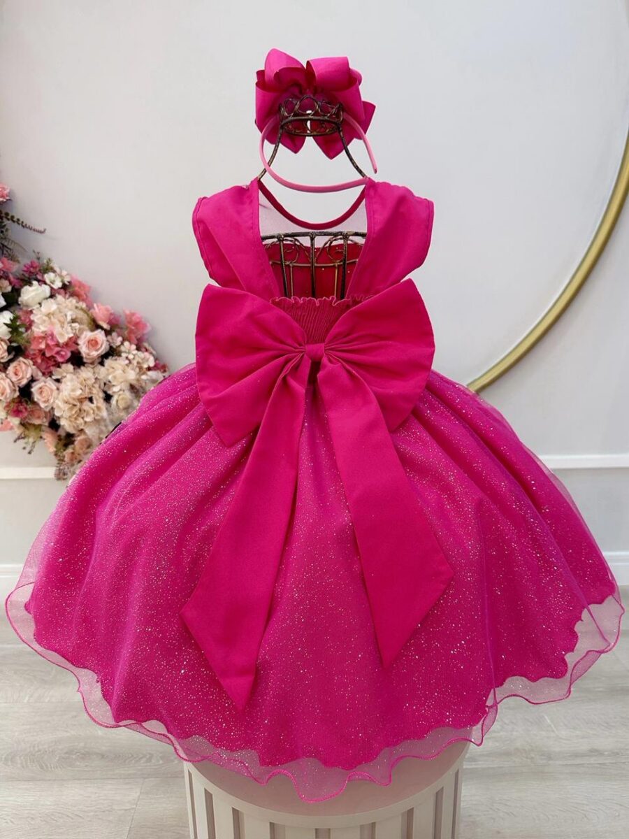 Vestido Infantil Pink com Pérolas e Saia Glitter Daminha