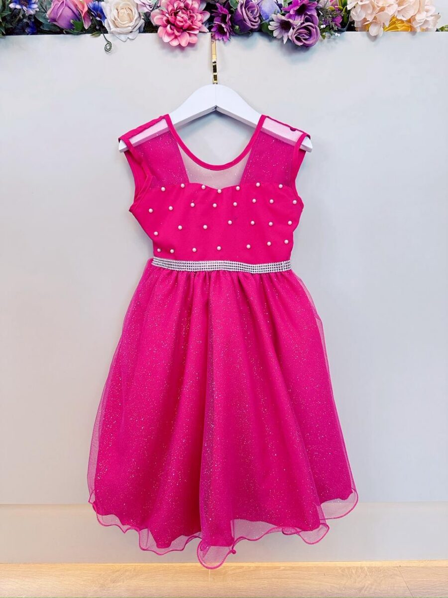 Vestido Infantil Pink com Pérolas e Saia Glitter Daminha