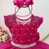 Vestido Infantil Pink com Pérolas e Saia Glitter Daminha