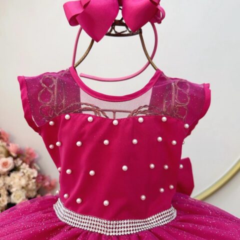 Vestido Infantil Pink com Pérolas e Saia Glitter Daminha