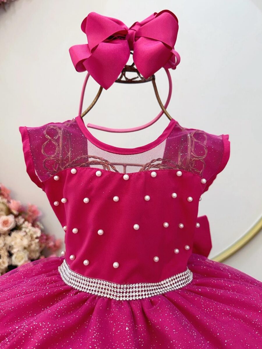 Vestido Infantil Pink com Pérolas e Saia Glitter Daminha