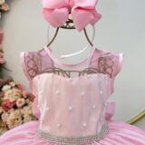 Vestido Infantil Rosa Claro Pérolas Saia com Glitter