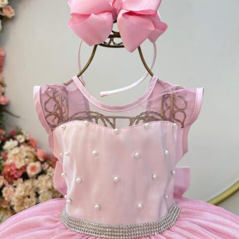 Vestido Infantil Rosa Claro Pérolas Saia com Glitter