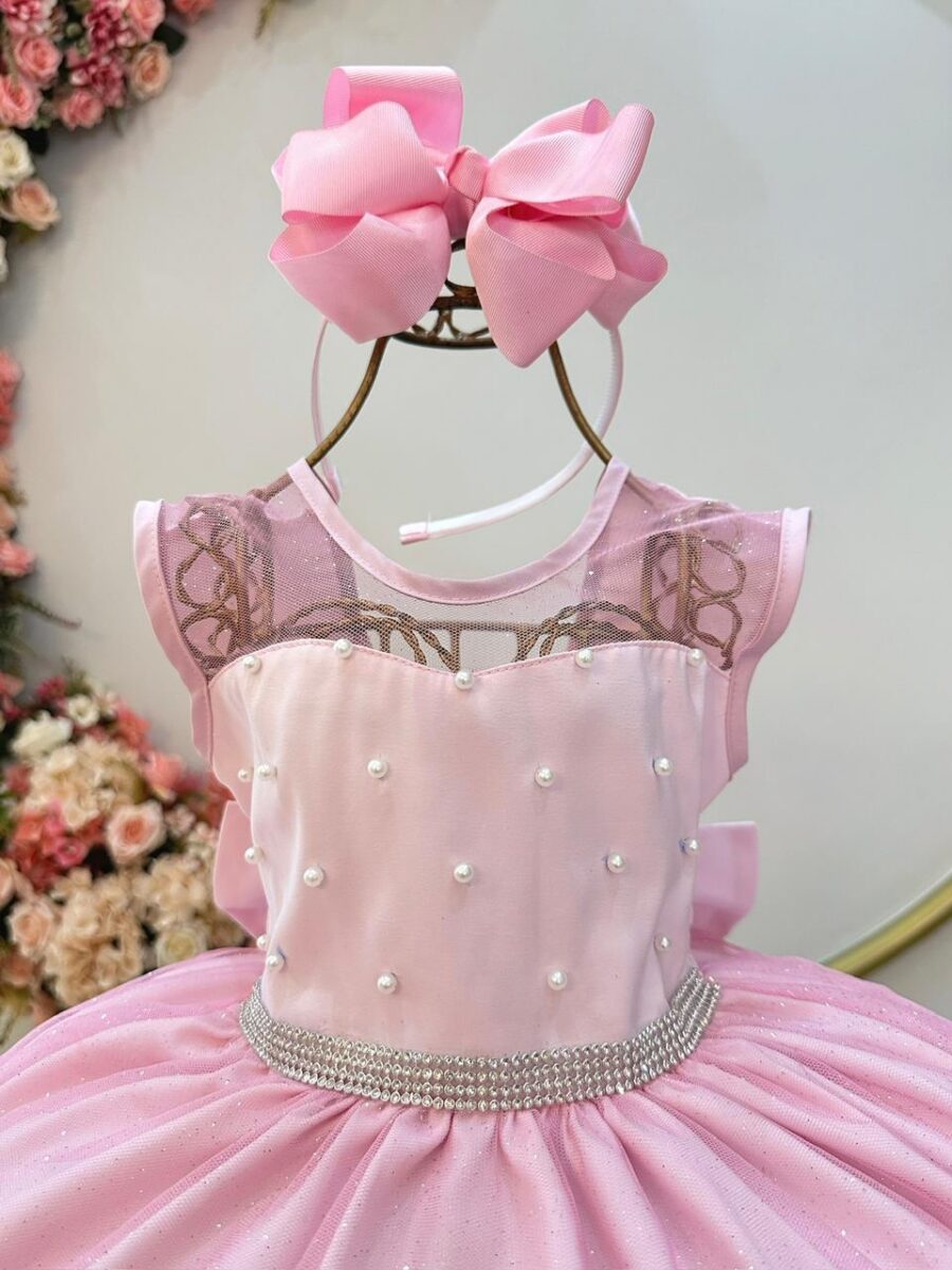 Vestido Infantil Rosa Claro Pérolas Saia com Glitter