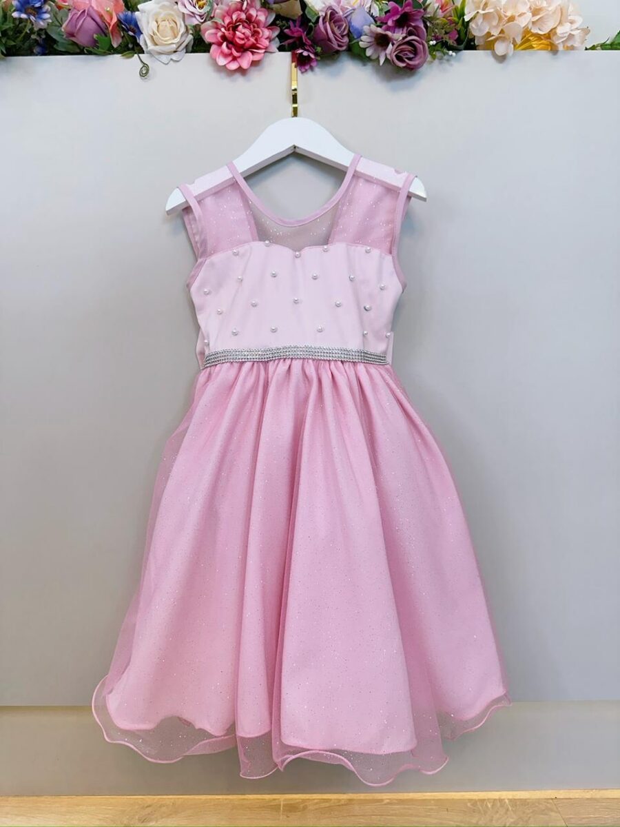 Vestido Infantil Rosa Claro Pérolas Saia com Glitter