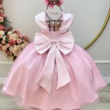 Vestido Infantil Rosa Claro Pérolas Saia com Glitter