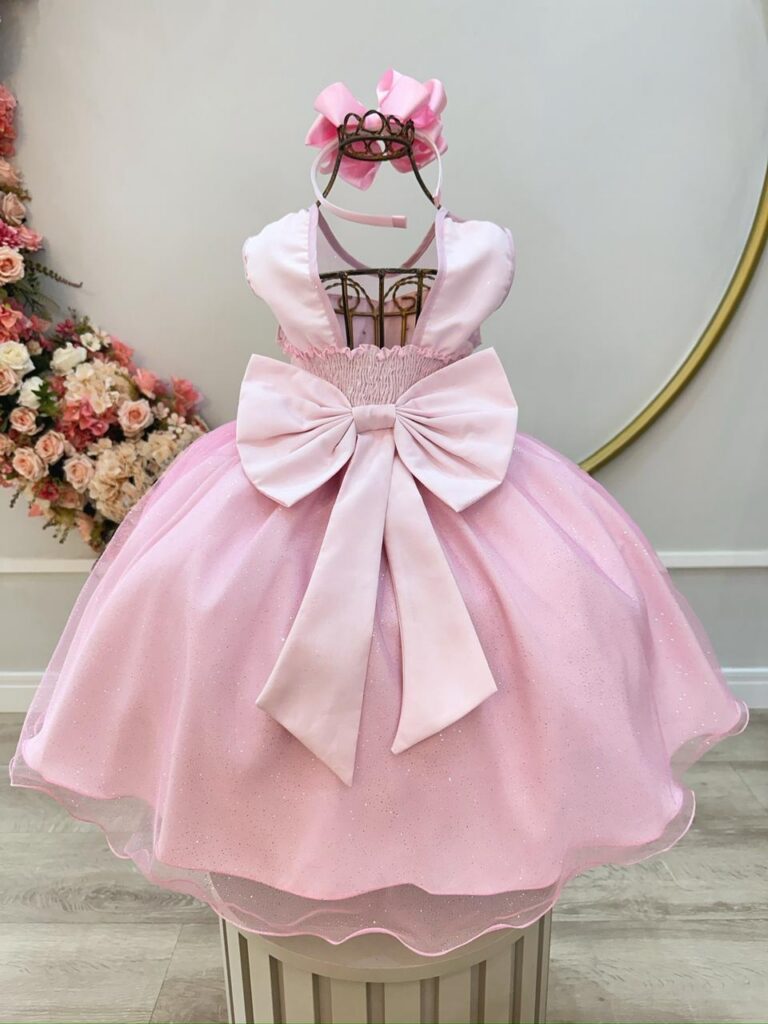 Vestido Infantil Rosa Claro Pérolas Saia com Glitter
