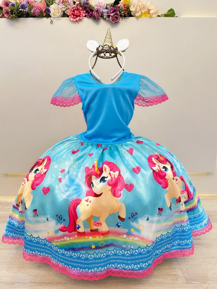 Fantasia Infantil Vestido Unicórnio Colorido com Glitter