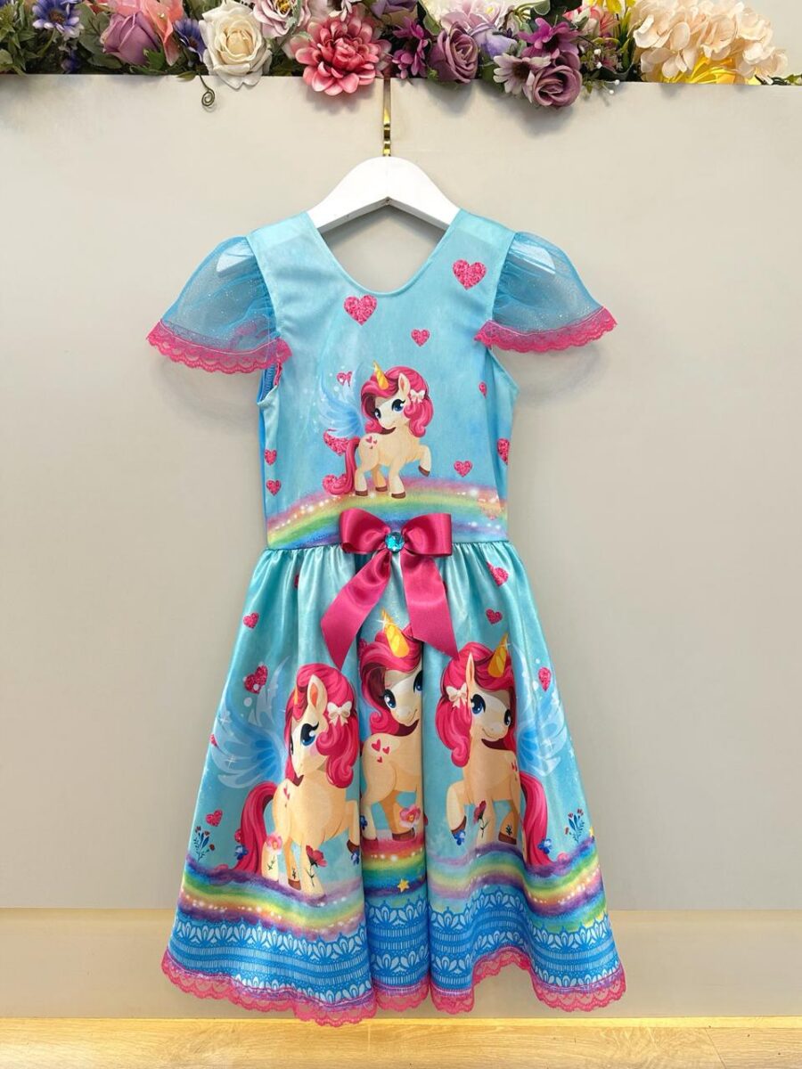 Fantasia Infantil Vestido Unicórnio Colorido com Glitter