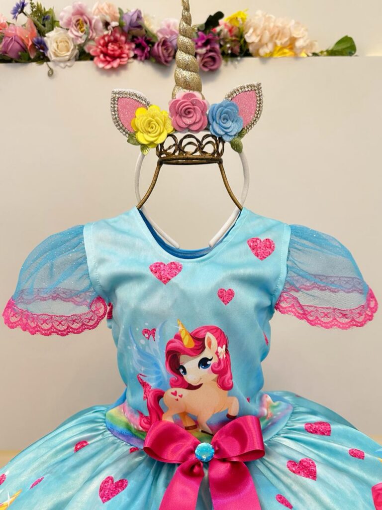Fantasia Infantil Vestido Unicórnio Colorido com Glitter