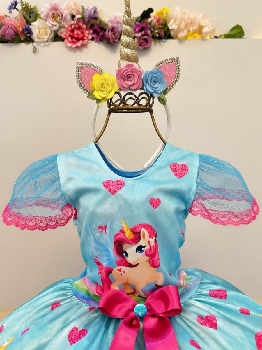 Fantasia Infantil Vestido Unicórnio Colorido com Glitter