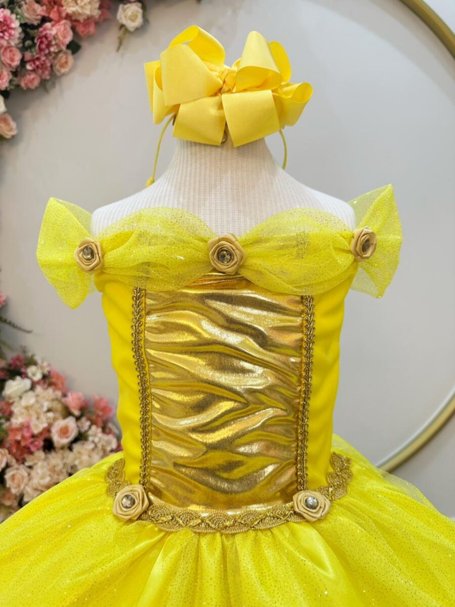 Fantasia Princesa Infantil Amarela Luvas Helanca e Tule