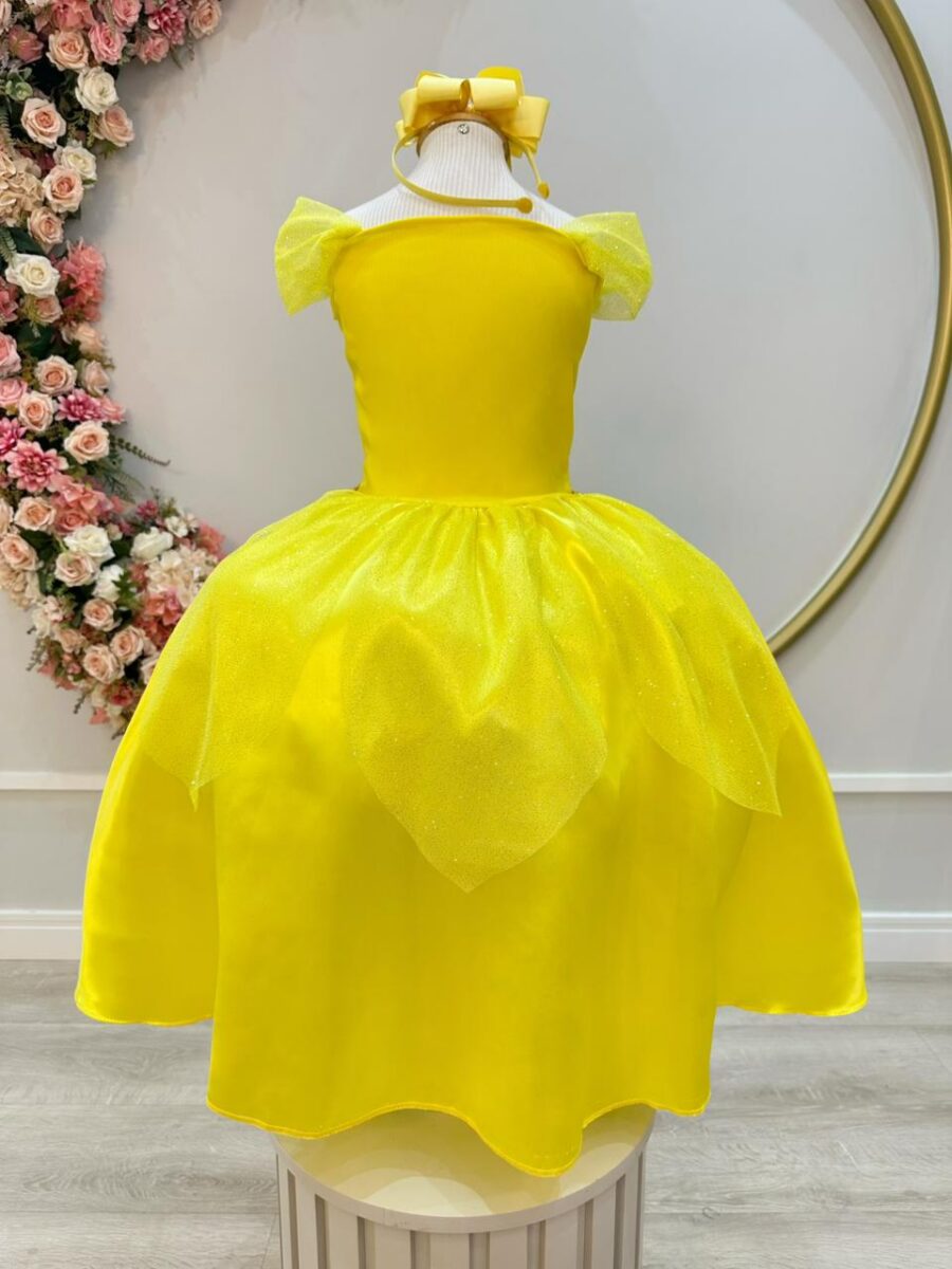 Fantasia Princesa Infantil Amarela Luvas Helanca e Tule