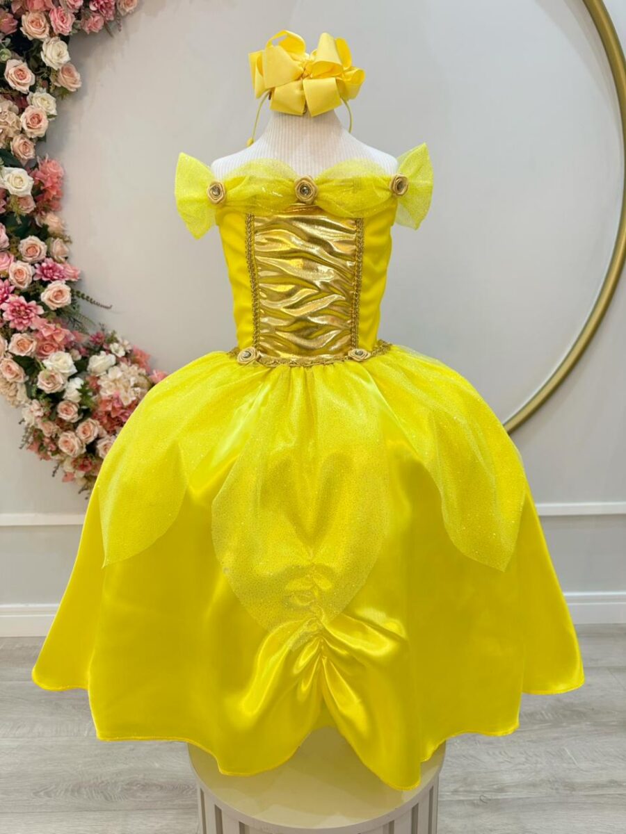 Fantasia Princesa Infantil Amarela Luvas Helanca e Tule
