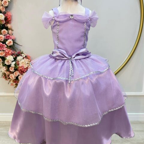 Fantasia Infantil Princesa Lilás com Luvas Cetim e Tule