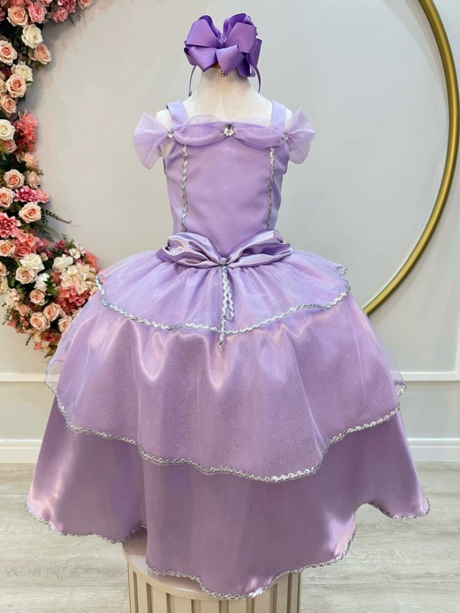Fantasia Infantil Princesa Lilás com Luvas Cetim e Tule