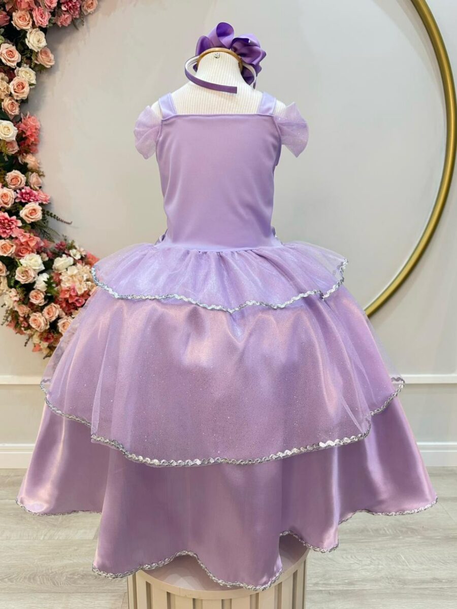 Fantasia Infantil Princesa Lilás com Luvas Cetim e Tule
