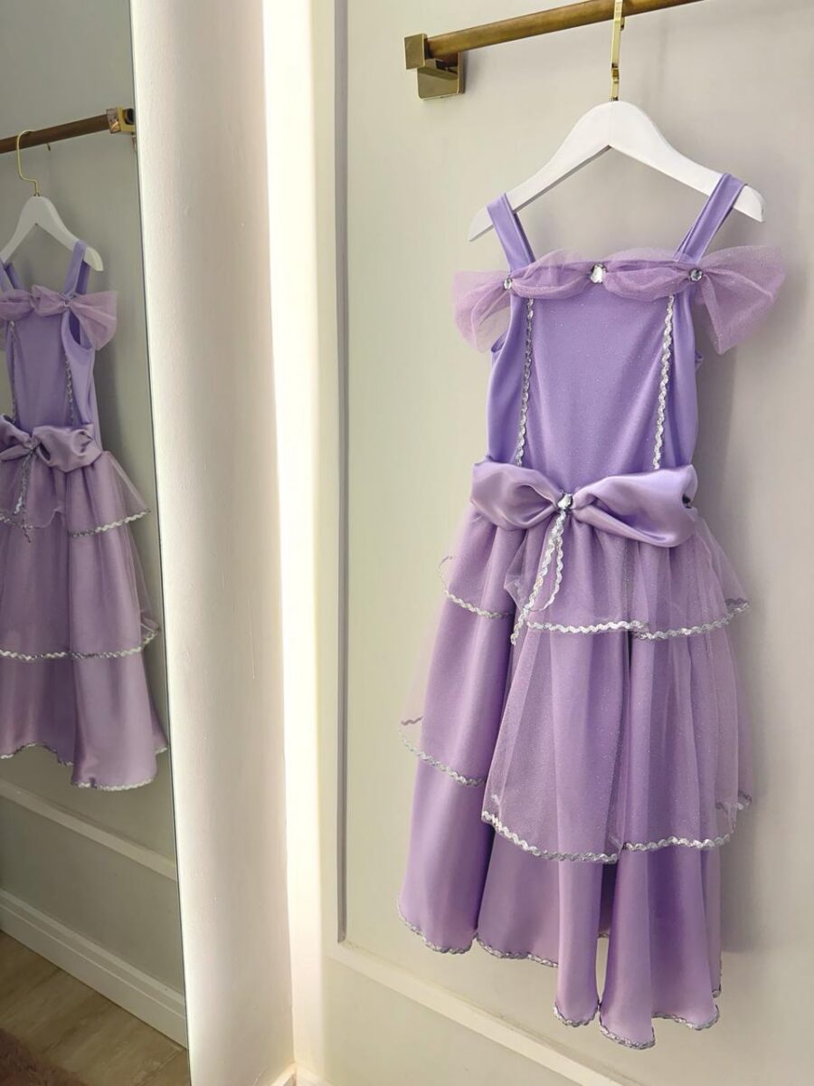 Fantasia Infantil Princesa Lilás com Luvas Cetim e Tule