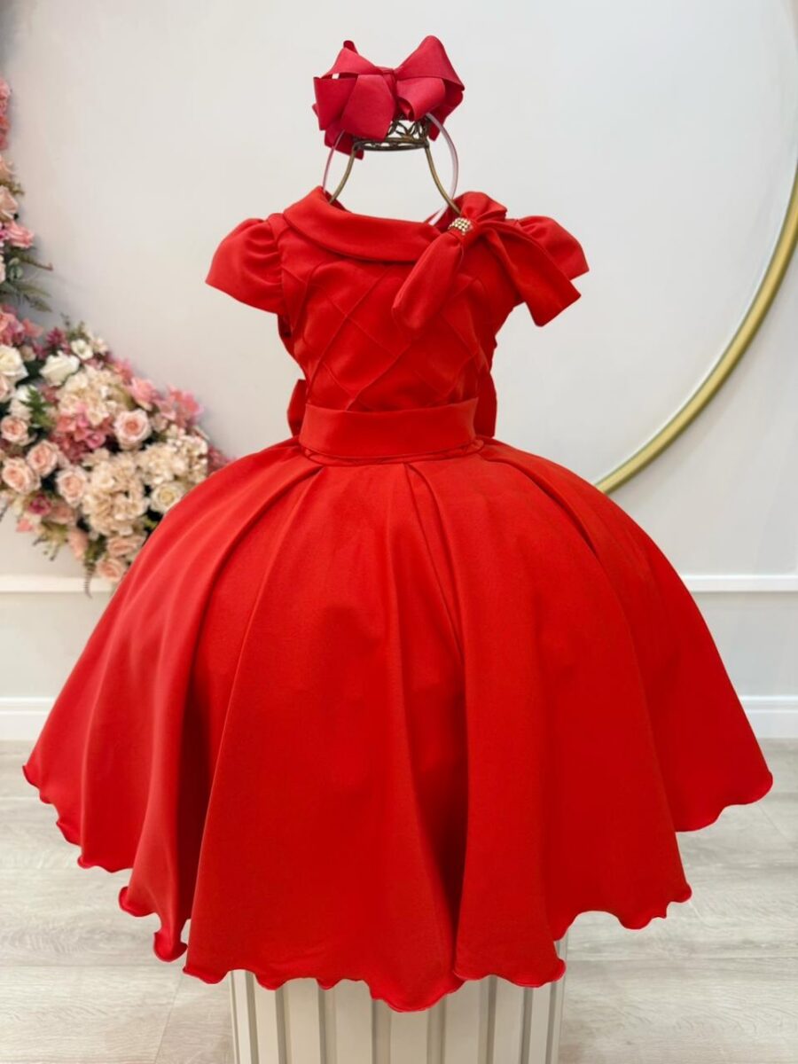 Vestido Infantil Vermelho Busto Nervura Formatura Dama