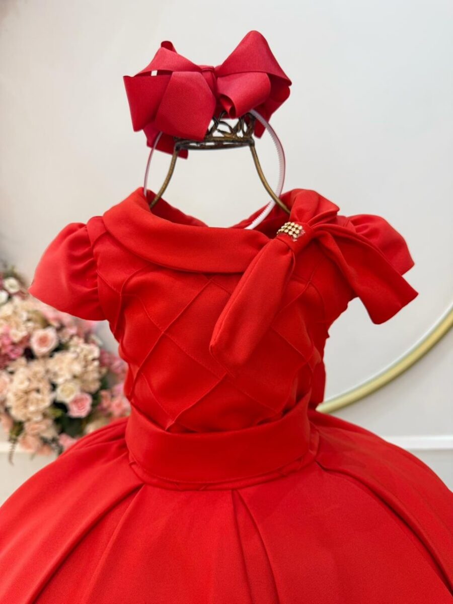 Vestido Infantil Vermelho Busto Nervura Formatura Dama