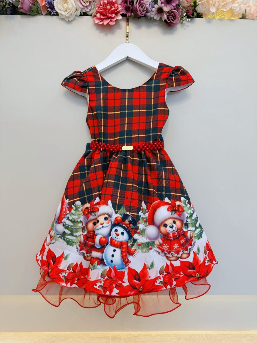Vestido Infantil Vermelho Xadrez Ursinhos Natal
