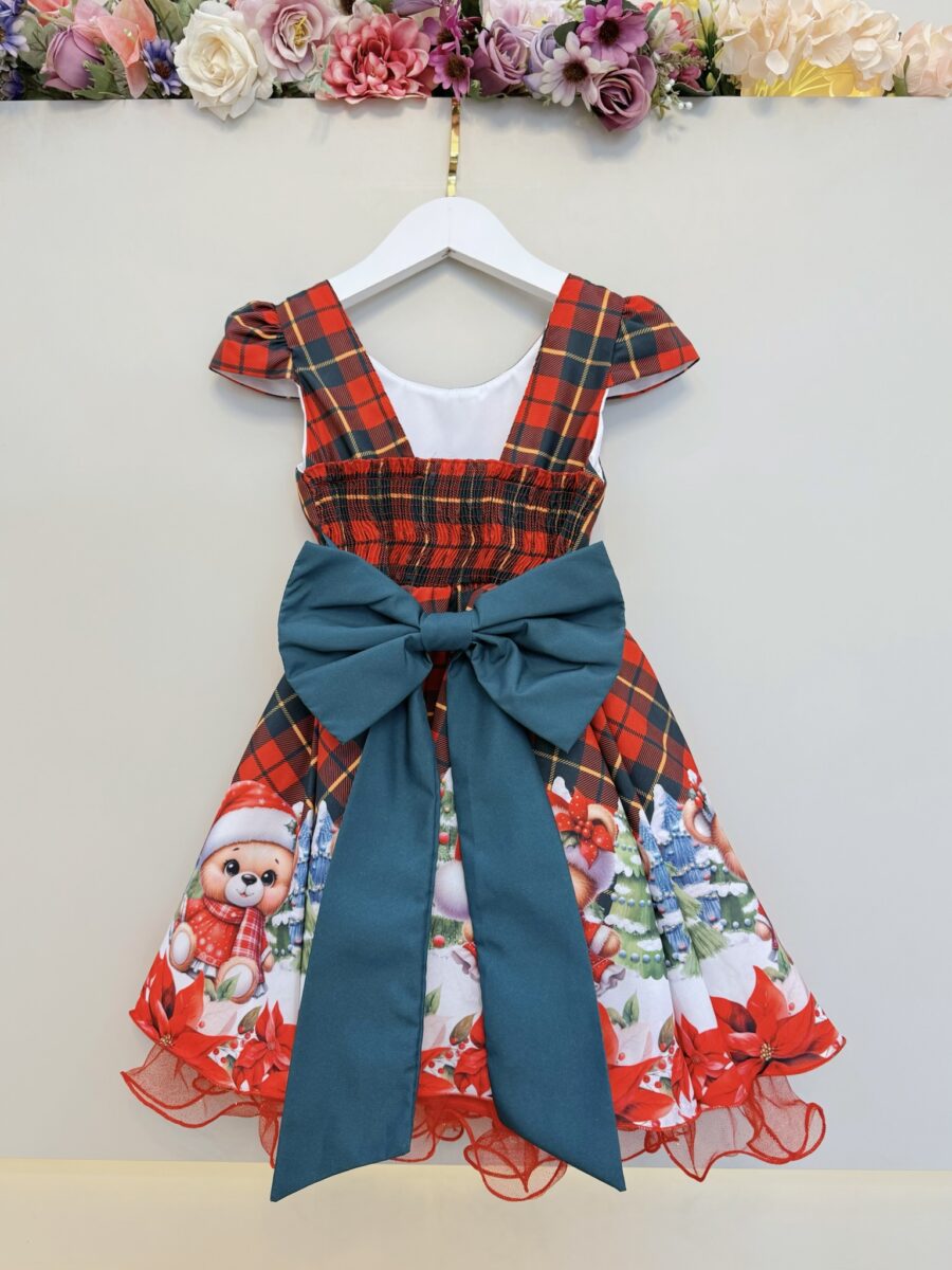 Vestido Infantil Vermelho Xadrez Ursinhos Natal