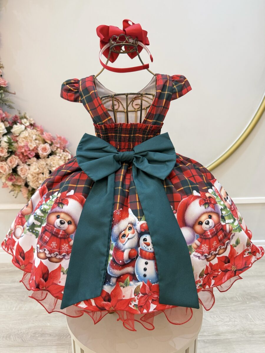 Vestido Infantil Vermelho Xadrez Ursinhos Natal