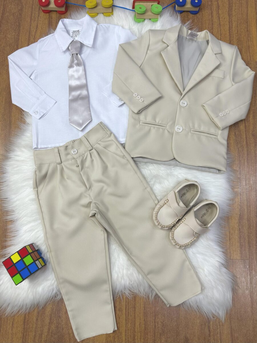 Terno Infantil Pajem Bege com Camisa Branca e Gravata