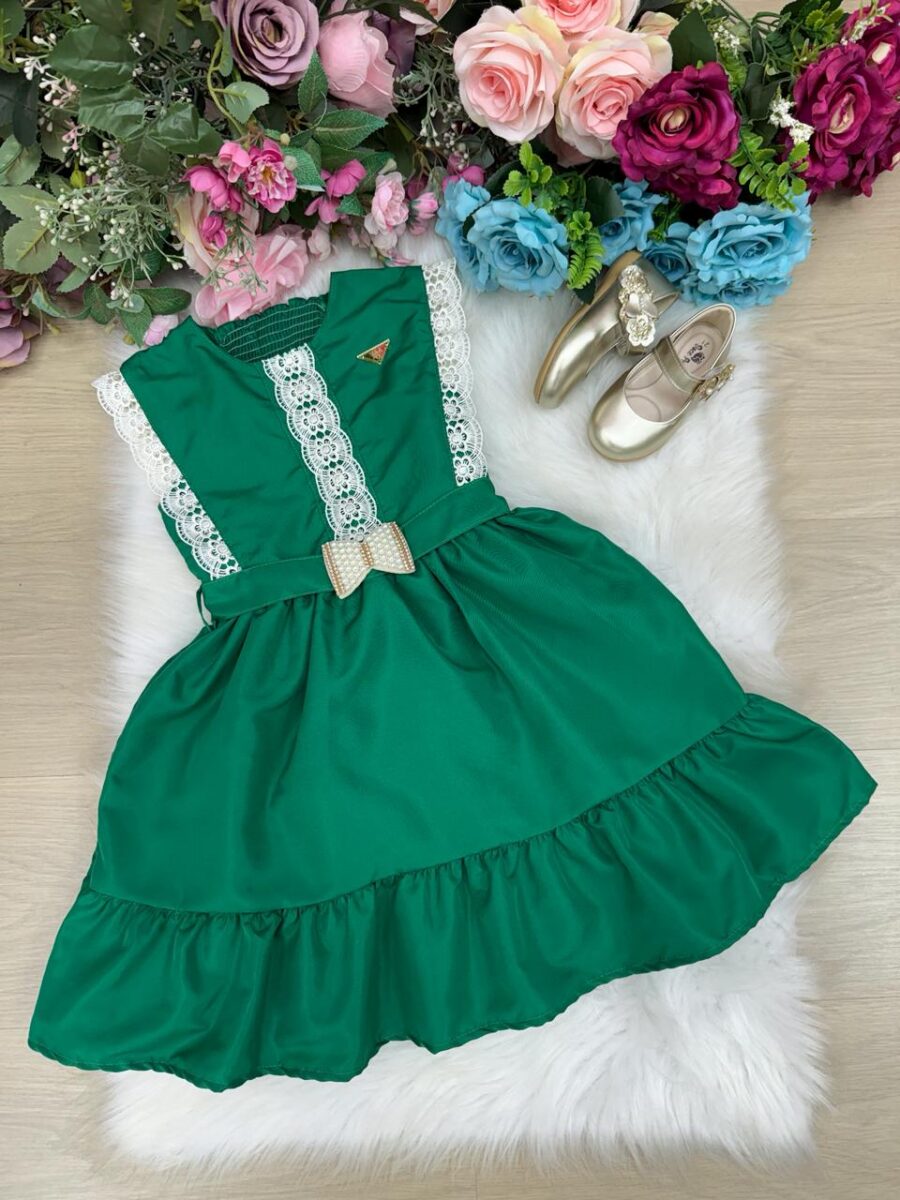 Vestido Infantil Blogueirinha Valeria Verde Renda e Pérolas
