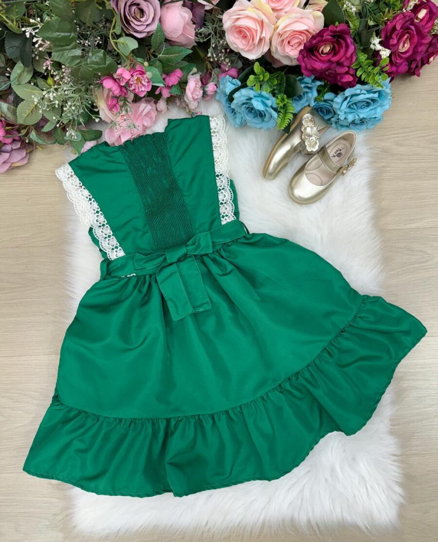 Vestido Infantil Blogueirinha Valeria Verde Renda e Pérolas