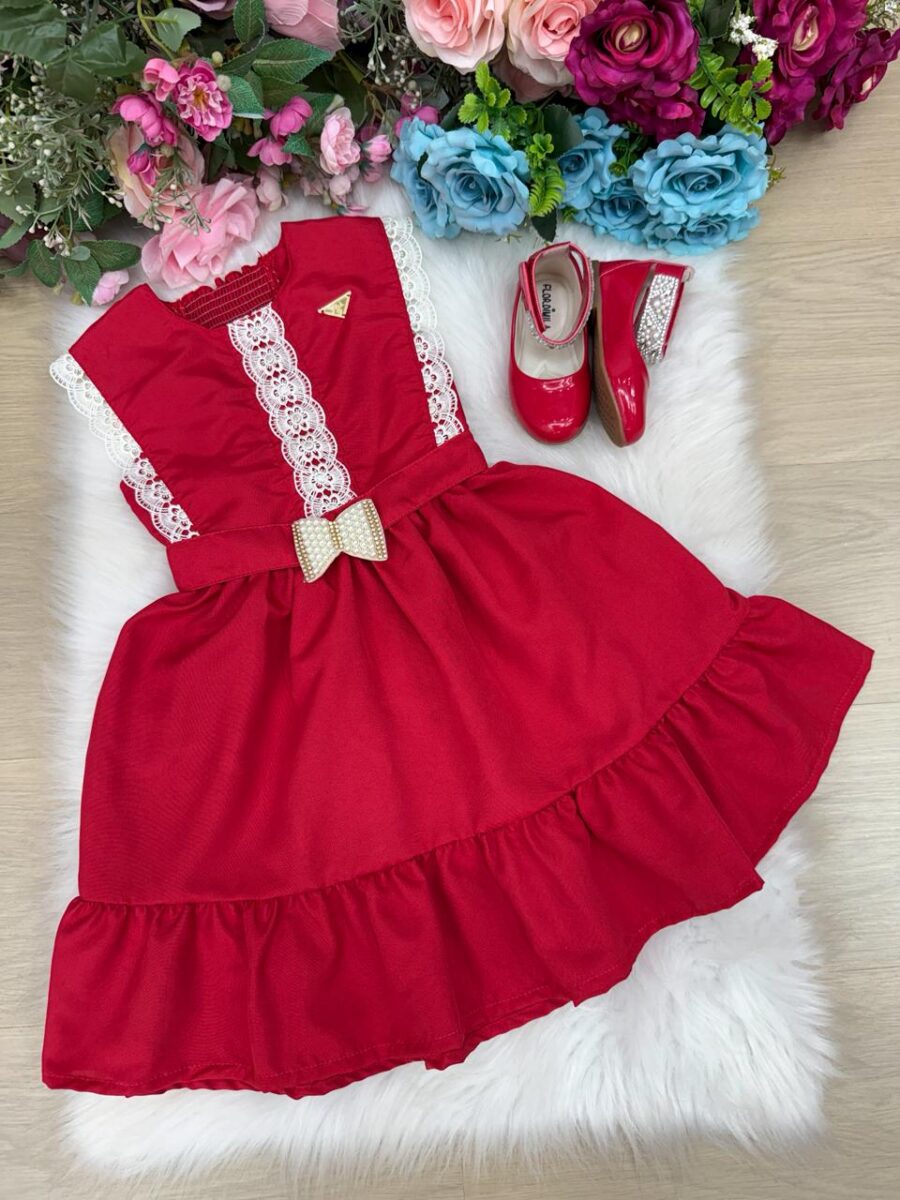 Vestido Infantil Blogueirinha Valeria Vermelho Renda Pérolas