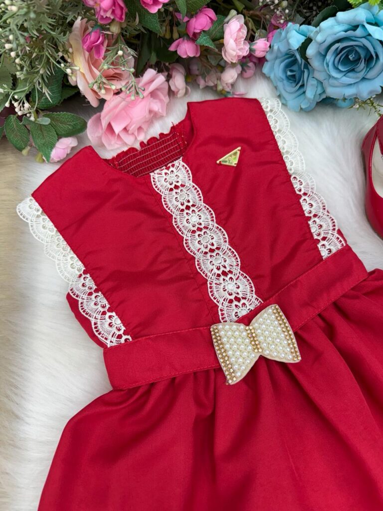 Vestido Infantil Blogueirinha Valeria Vermelho Renda Pérolas